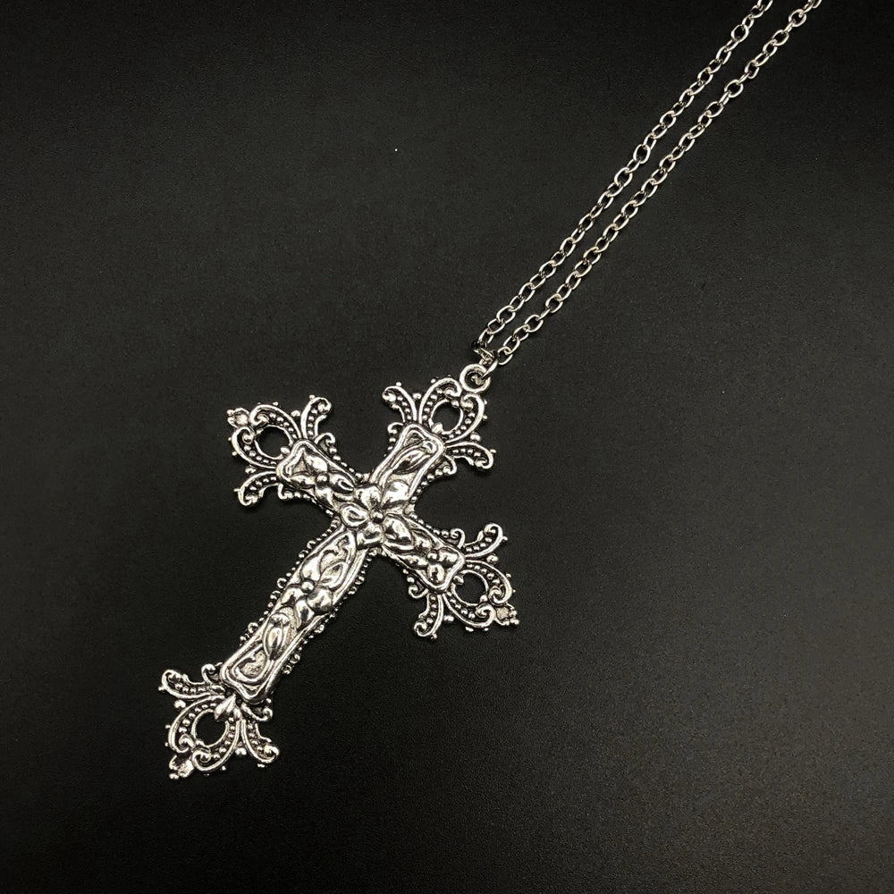 Large Detailed Cross Drill Pendant Jewel Necklace Silver Color Tone Gothic Punk Jewellery Fashion Charm Statement Women-Dollar Bargains Online Shopping Australia