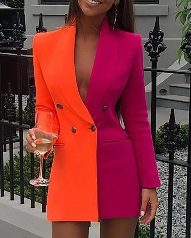 Women Blazer Elegant Office Lady Suit Thin Spring V-neck Female Long Sleeve New Patchwork Slim OL Double Breasted Dress Coat-Dollar Bargains Online Shopping Australia