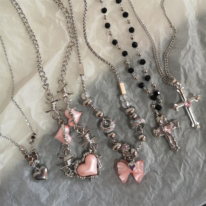 Star Cross Bowknot Pendant Necklace For Women Egirls y2k Cool Neck Jewelry Clavicle Chain Original Korean Fashion Party Gift-Dollar Bargains Online Shopping Australia