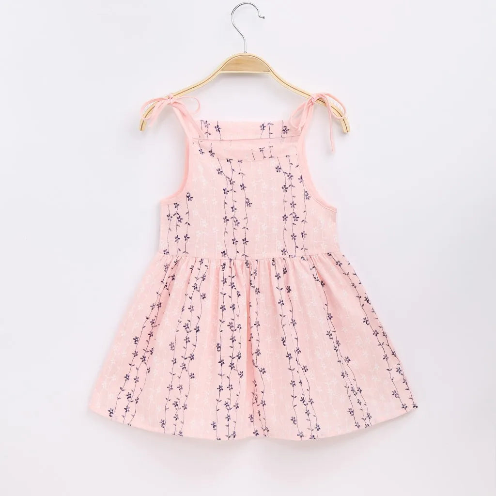 Girls Strappy Dress Kids Pink Sleeveless Printed Dress Baby Cotton And Linen Casual Princess Dress-Dollar Bargains Online Shopping Australia