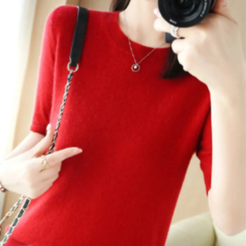 Spring and Summer New Short-sleeved Women O-neck Slim Wool Cotton Blend Pullover Vest T-shirt Knitted Base Sweater-Dollar Bargains Online Shopping Australia