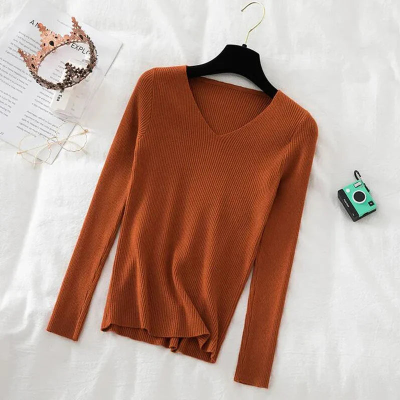 Women Sweater Long Sleeve Pullover Basic Top Fashion V-neck Elastic Female Winter Solid Knitted Jumper-Dollar Bargains Online Shopping Australia