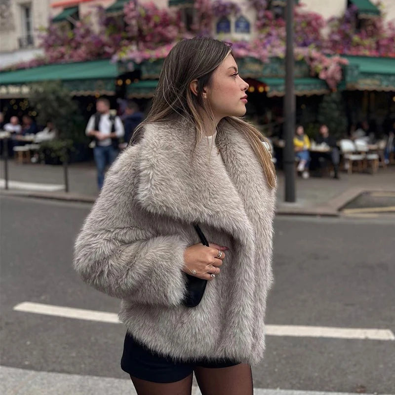 Gradient Fluffy Fur Coat Women High Street Luxury Big Faux Fur Collar Jacket Female Overcoats