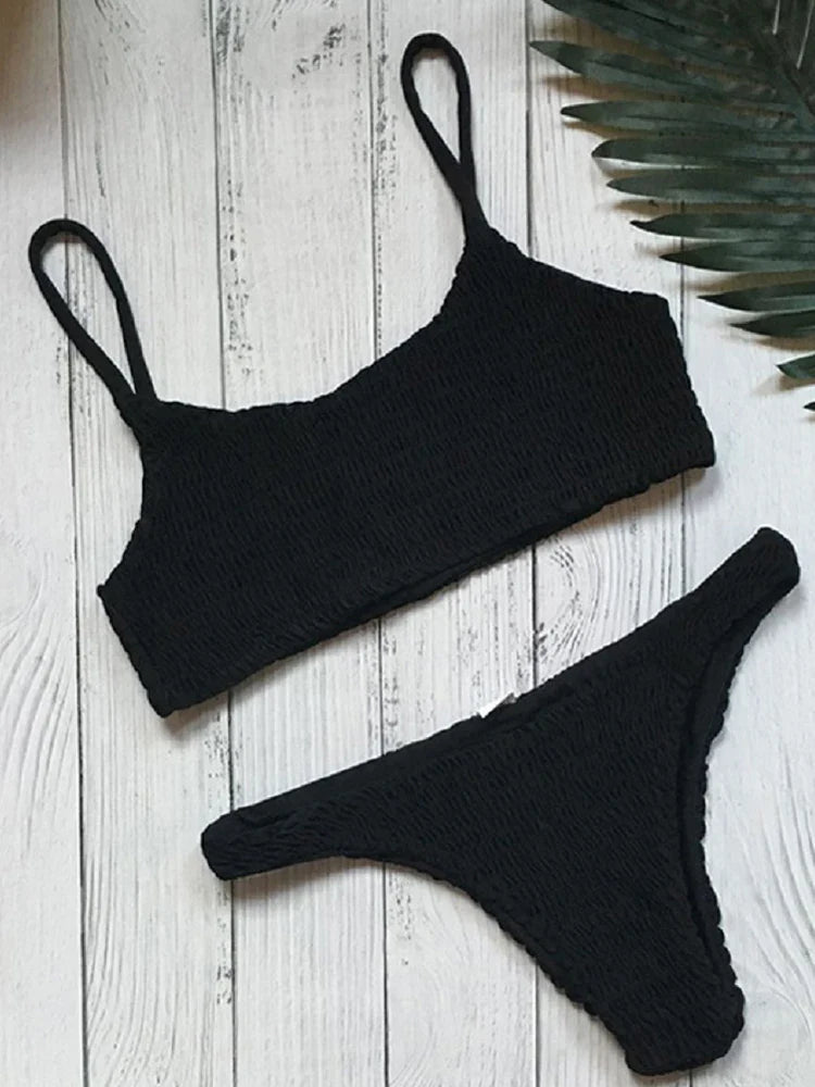 Women Push-up Padded Bra Bikini Set Pleated Swimsuit Swimwear Swimming Beach Bathing Costume Bikini Set