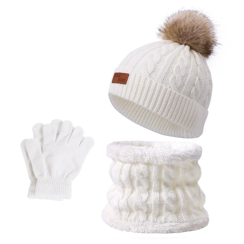 Warm Winter Baby Hats with Scarves for Kids Wool Pompom Baby Hat Children Bonnet Cap Boys Girls Knitted Scarf Gloves Beanie Caps-Dollar Bargains Online Shopping Australia