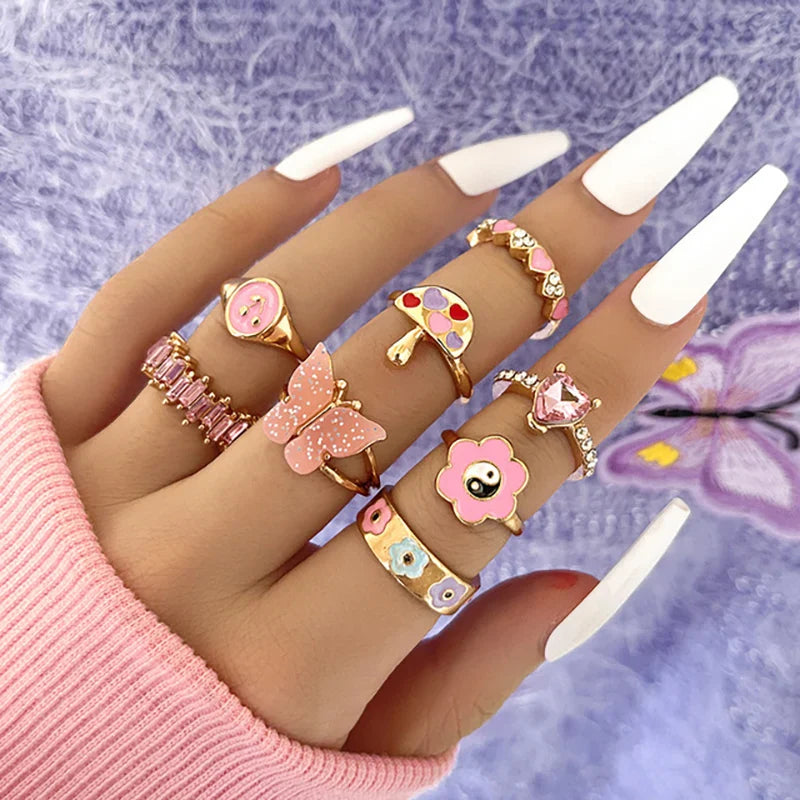 Pink Acrylic Butterfly Knuckle Ring Set For Women Crystal Enamel Mushroom Yin Yang Flower Rings Girls Fashion Jewelry-Dollar Bargains Online Shopping Australia