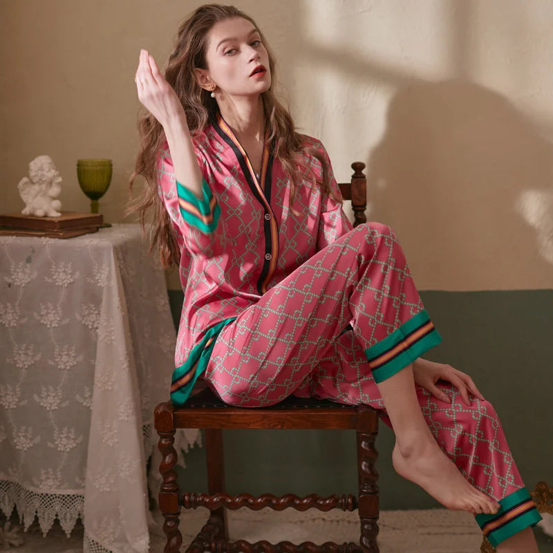 Long Sleeved Women Pajamas Set Ice Silk Printed Fashion Pyjamas-Dollar Bargains Online Shopping Australia