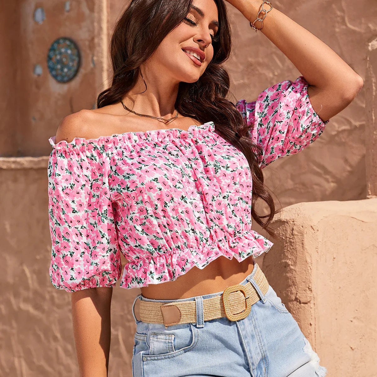 Floral Lantern Sleeve Casual Shirt Women Summer Vacation Elastic Off Shoulder Crop Tops Beach Style-Dollar Bargains Online Shopping Australia