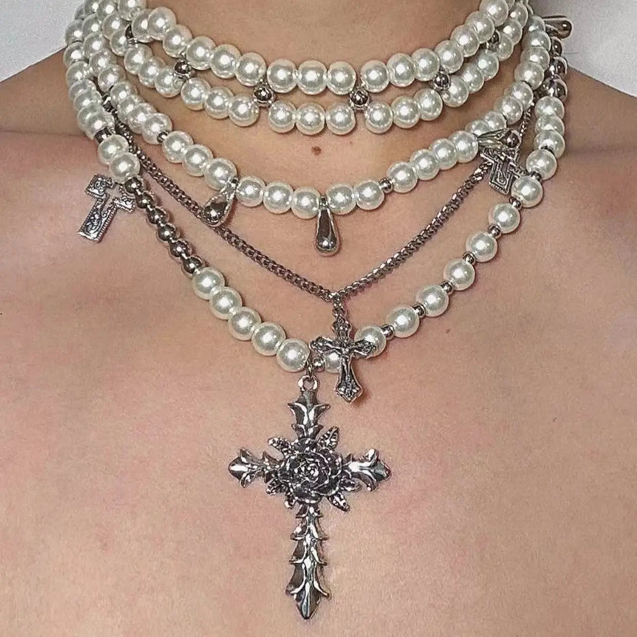Goth Rose Flower Imitation Pearl Bead Cross Pendant Necklace for Women Multilayer Pearl Chains Aesthetic Vintage Luxury Jewelry-Dollar Bargains Online Shopping Australia