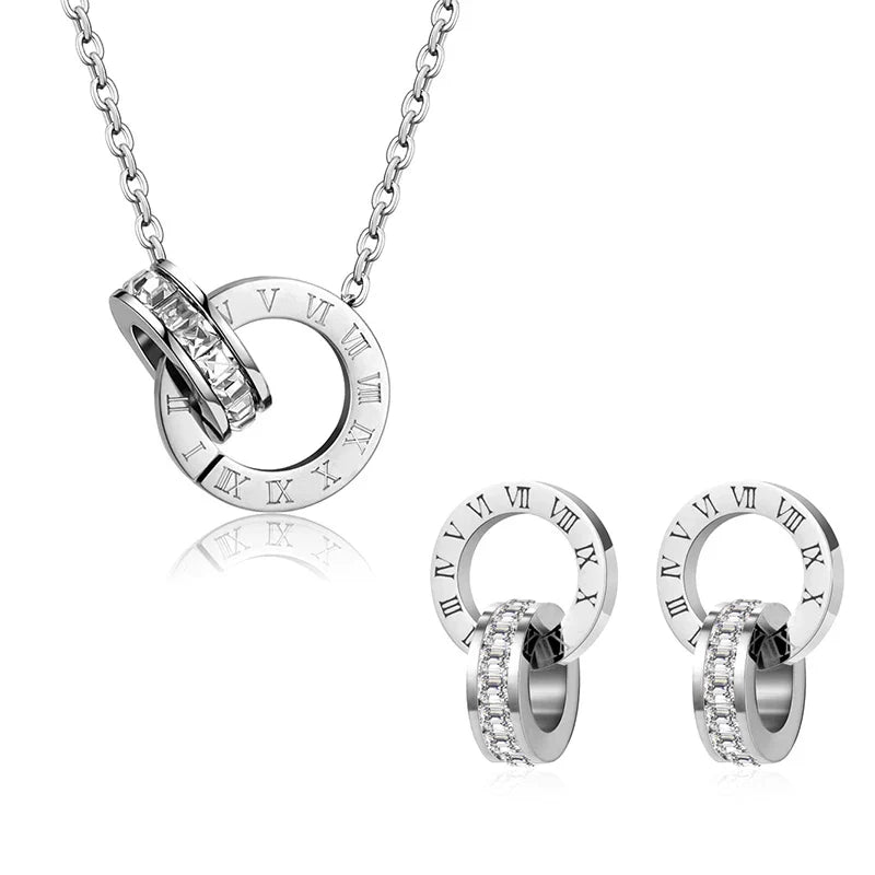 PAXA Classic Roman Numeral Crystal Stainless Steel Earrings Necklace for Women Luxury Elegant Fashion Wedding Party Jewelry Gift-Dollar Bargains Online Shopping Australia