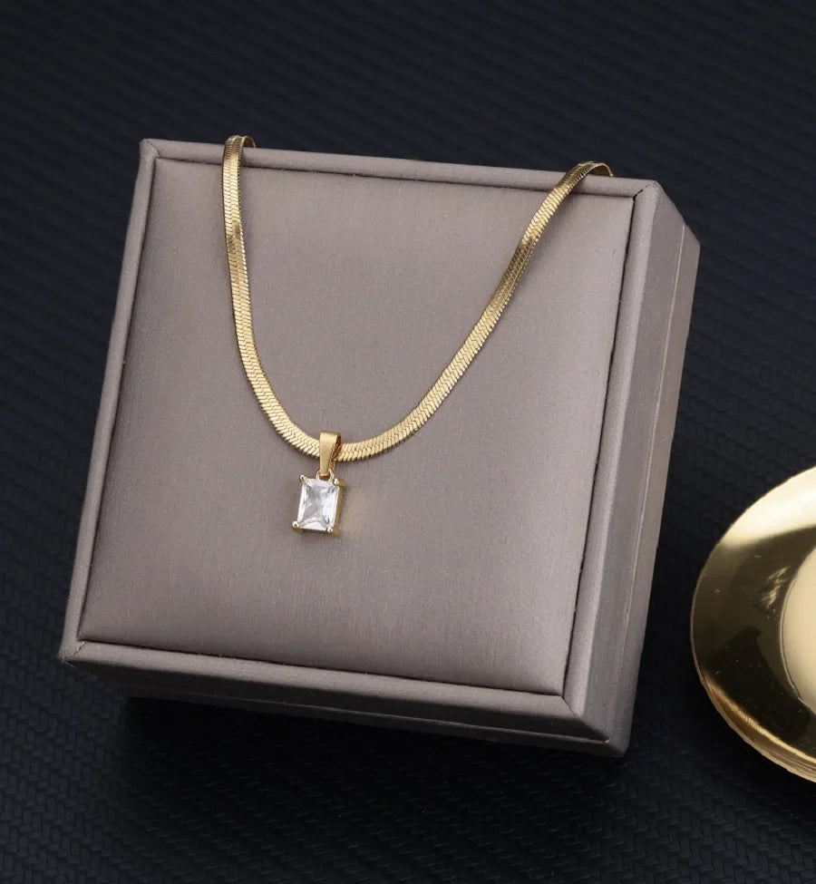 Vintage Rust Steel Zircon Necklace Flat Snake Bone Chain Blade Chain Square Emerald Pendant Necklace Women-Dollar Bargains Online Shopping Australia