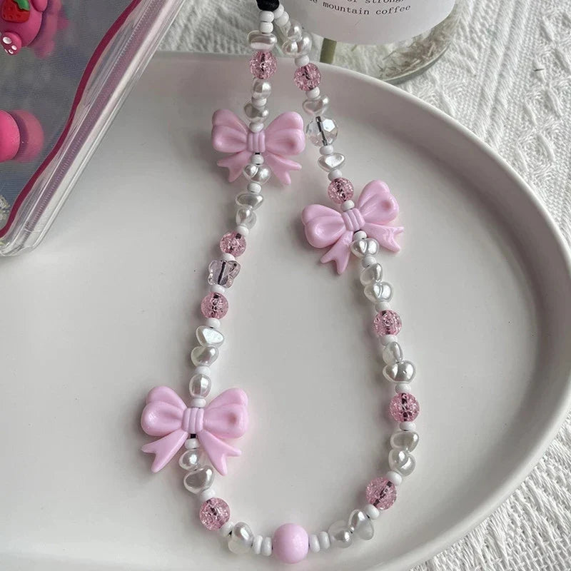 Simple Pink Bear Heart Strawberry Bowknot Flower Acrylic Imitation Pearl Beaded Phone Chain for Women Girls Sweet Accessories-Dollar Bargains Online Shopping Australia