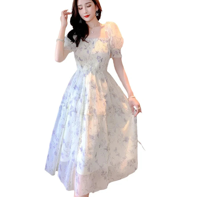 White Chiffon Long Dress Casual Floral Party Dress Elegant Short Sleeve Fairy Dresses Women-Dollar Bargains Online Shopping Australia