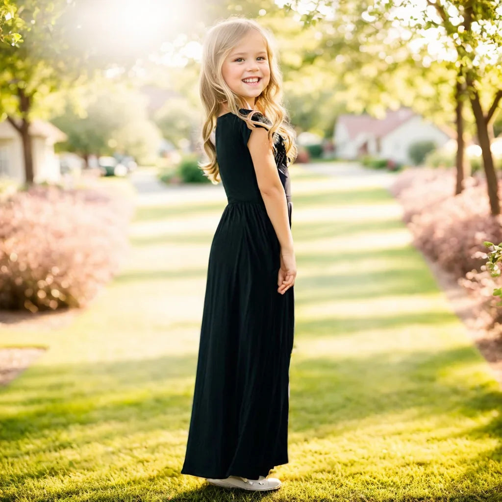 Girls Short Sleeved Long Dress Beach Party Birthday Casual Fashion Show Versatile A-Line Dress-Dollar Bargains Online Shopping Australia