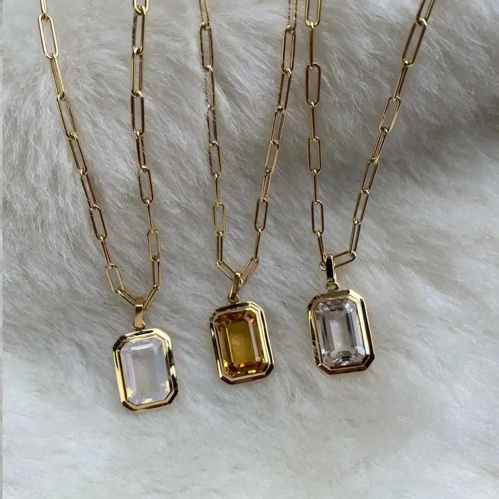 Retro Hip-hop Multicolour Geometric Square Crystal Pendant Necklace Cuba Chain for Women Girls Vintage Wedding