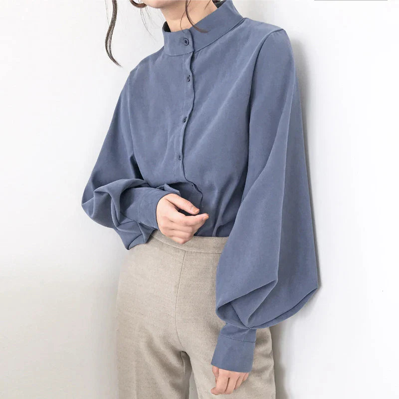 Big Lantern Sleeve Blouse Women Autumn Winter Single Breasted Stand Collar Shirts Office Work Blouse Solid Vintage Blouse Shirts-Dollar Bargains Online Shopping Australia