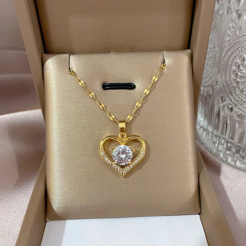 Gems Heart Pendant Necklace Golden Stainless Steel Lips Neck Chain Female Necklaces Jewelry for Girl-Dollar Bargains Online Shopping Australia