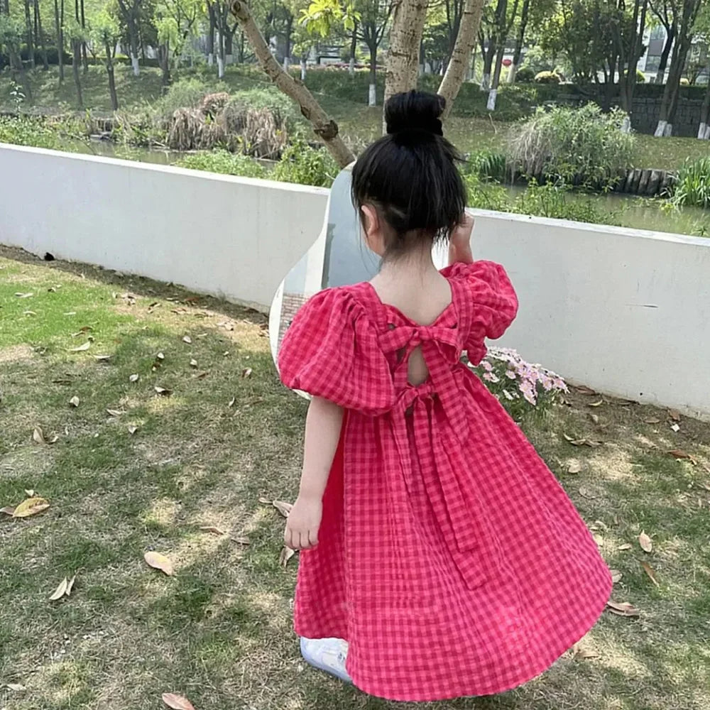 Plaid Bow Dress Elegant Lolita Child Big Girls Midi Dress Children Dresses Teens Party Princess Sundress