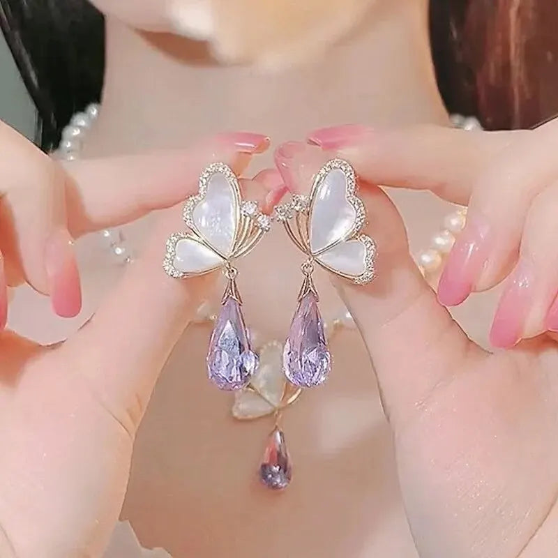 Butterfly Earrings Small Purple Crystal Pendant High-end Feel Women Fresh Sweet Style Animal Element-Dollar Bargains Online Shopping Australia