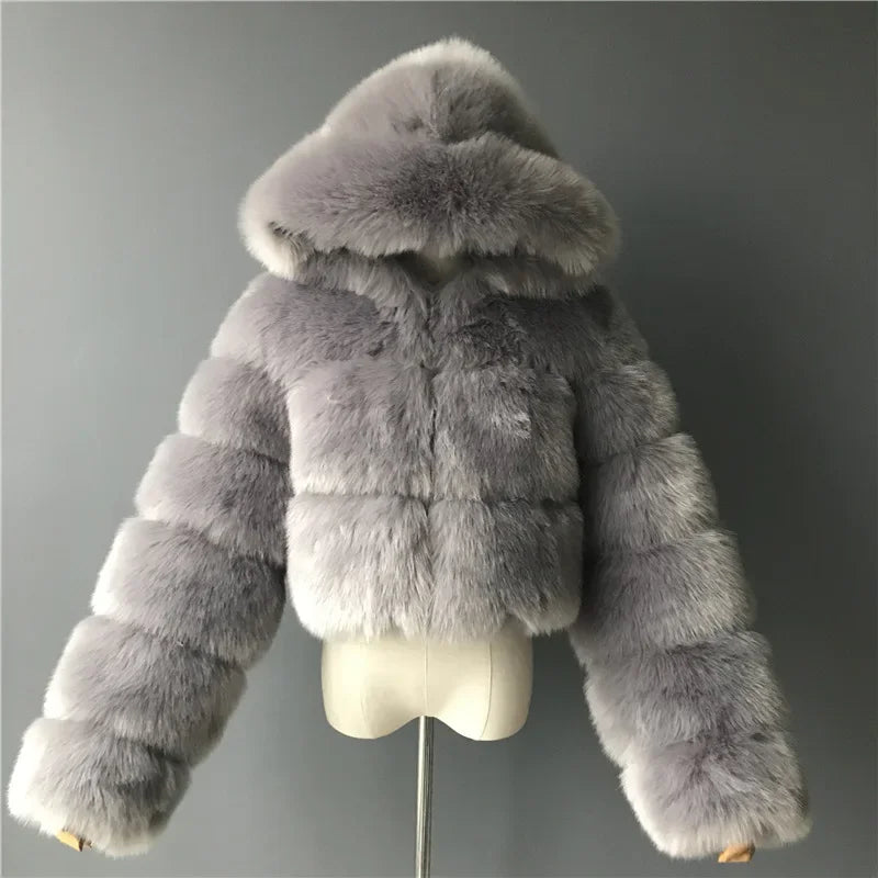 Furry Cropped Faux Fur Coats Jackets Women Fluffy Top Coat Hooded Straight Short Winter Fur Jacket Fashion Streetwear New