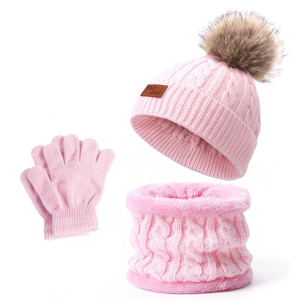 Warm Winter Baby Hats with Scarves for Kids Wool Pompom Baby Hat Children Bonnet Cap Boys Girls Knitted Scarf Gloves Beanie Caps-Dollar Bargains Online Shopping Australia