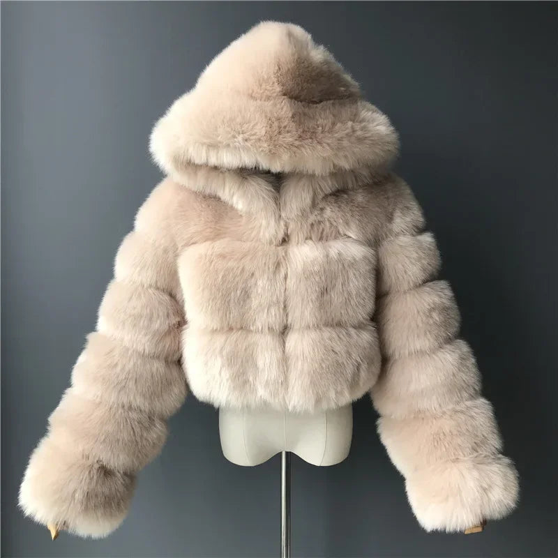 Autumn Furry Cropped Faux Fur Coats Jackets Women Fluffy Top Coat Hooded Straight Short Winter Fur Jacket Fashion Streetwear New