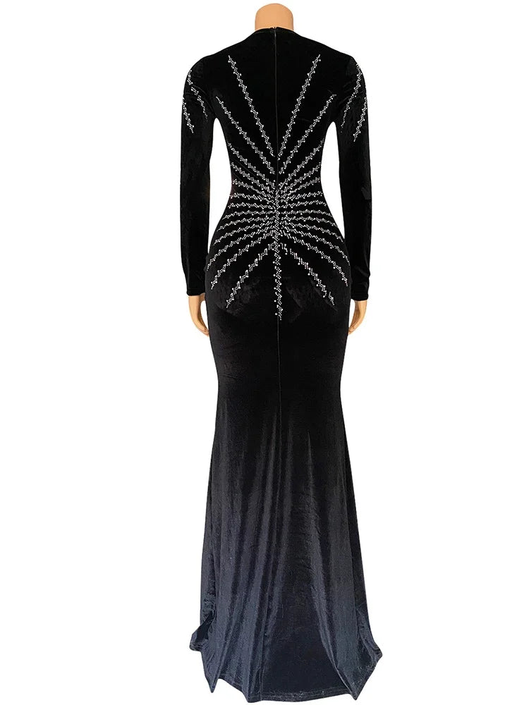 Elegant Diamonds Velvet Long Party Dress for Women Sexy Deep V Evening Gown Formal Black Slim Dress Robe-Dollar Bargains Online Shopping Australia