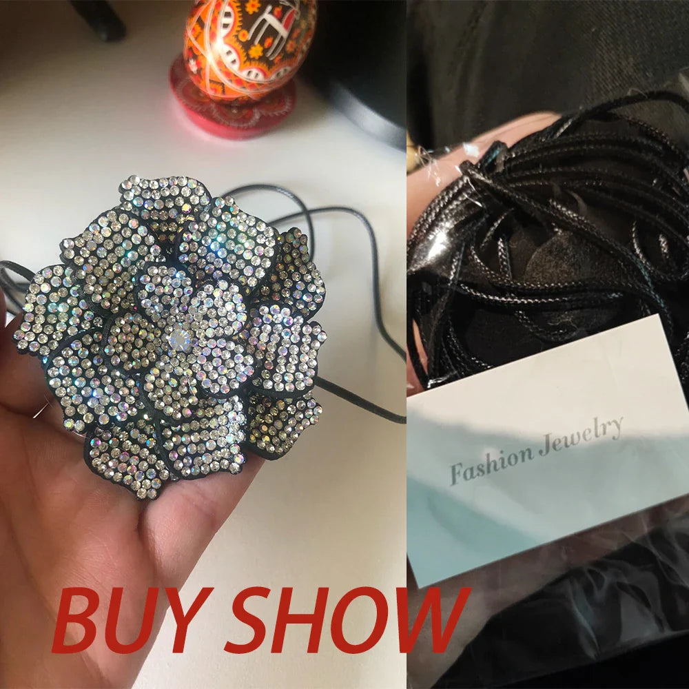 Luxury Full Rhinestone Big Rose Flower Choker Necklace Women Black Leather Wax Rope Clavicle Chain Adjustable Neck-Dollar Bargains Online Shopping Australia