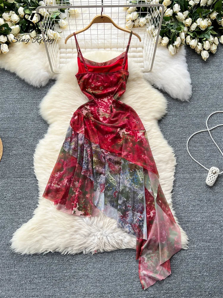 Women Spaghetti Strap Dress Mesh Sleeveless Lace up Design Irregular Retro Fashion Sexy Gentle Party Long Sundress-Dollar Bargains Online Shopping Australia