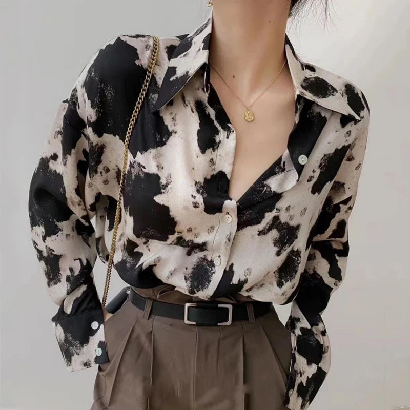 Cow Print Button Up Shirts Women Spring Plus Size Tops Korean Fashion Clothes Chiffon Streetwear Long Sleeve