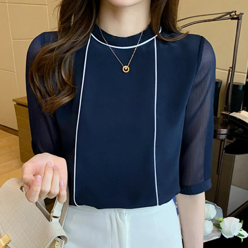 O-Neck Blue Chiffon Blouse Shirt Tops Women Short Sleeve Blouse Women-Dollar Bargains Online Shopping Australia