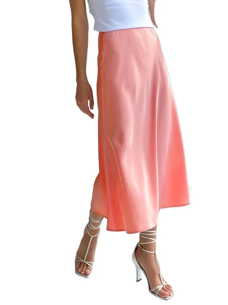 Silk Satin Skirts for Women High Waisted Skirt Women A-Line Elegant Skirts Summer Pink Midi Skirt-Dollar Bargains Online Shopping Australia