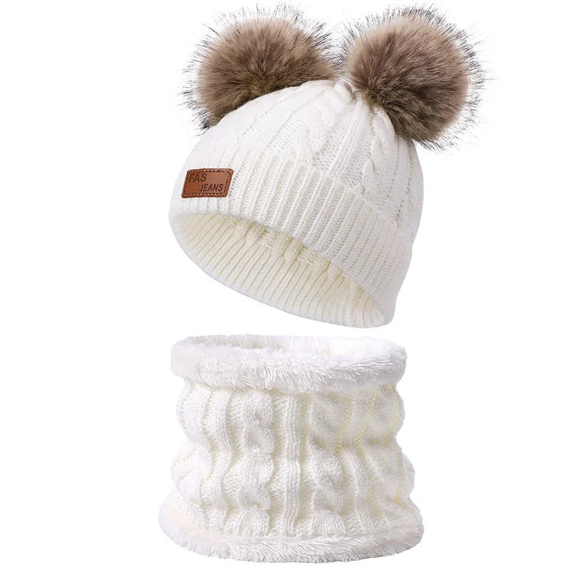 Warm Winter Baby Hats with Scarves for Kids Wool Pompom Baby Hat Children Bonnet Cap Boys Girls Knitted Scarf Gloves Beanie Caps-Dollar Bargains Online Shopping Australia