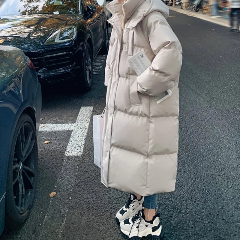 Women Casual Down Coat Autumn Thicken Cotton Warm Hooded Long Coat Long Sleeve Parkas Button Pocket Office Coat Winter