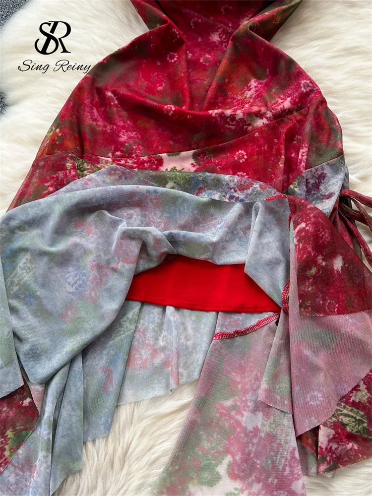 Women Spaghetti Strap Dress Mesh Sleeveless Lace up Design Irregular Retro Fashion Sexy Gentle Party Long Sundress-Dollar Bargains Online Shopping Australia