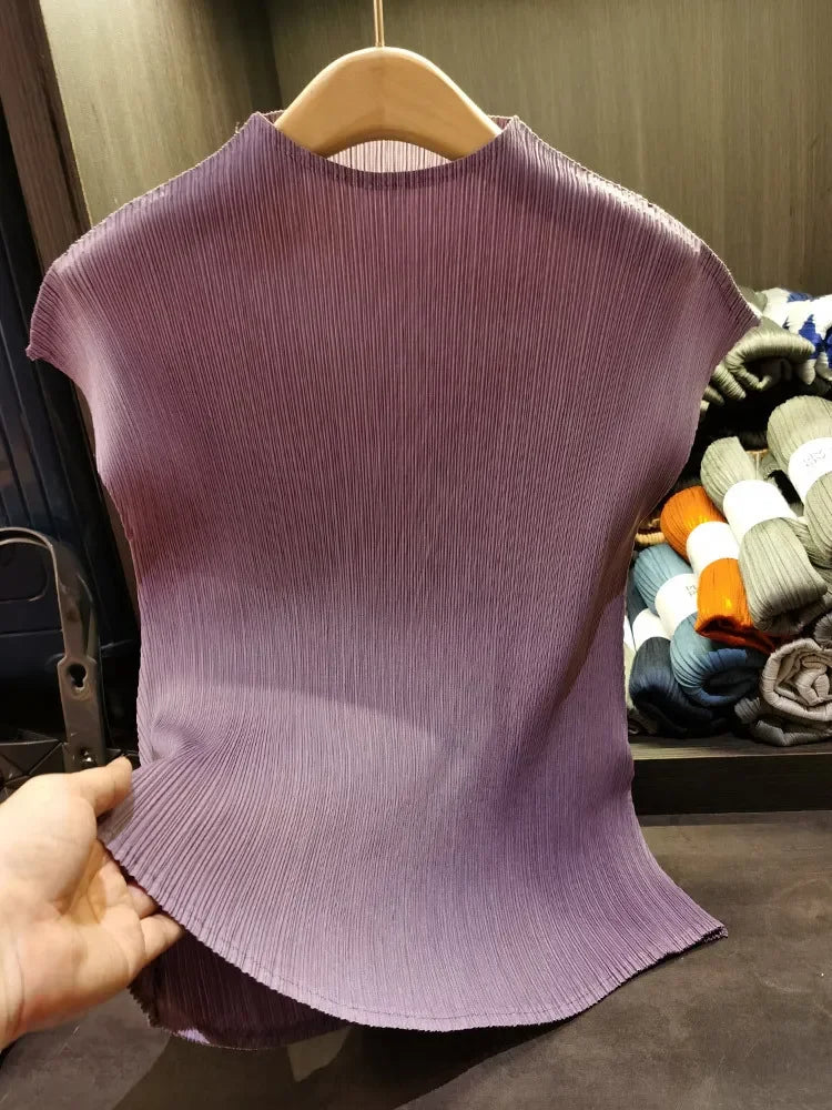 Versatile Classic Simple Solid Color Stand Up Collar Pleated Top Women Slim Slim Short Sleeve Miyake T-shirt Summer-Dollar Bargains Online Shopping Australia