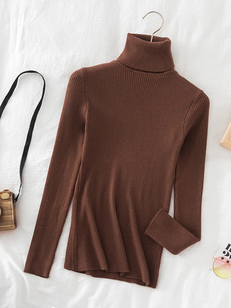 Korean Fashion Turtleneck Women Autumn Winter Pullover Sweater Basic Solid Casual Slim Stretch Ribbed Knitted Top Woman Sweaters-Dollar Bargains Online Shopping Australia
