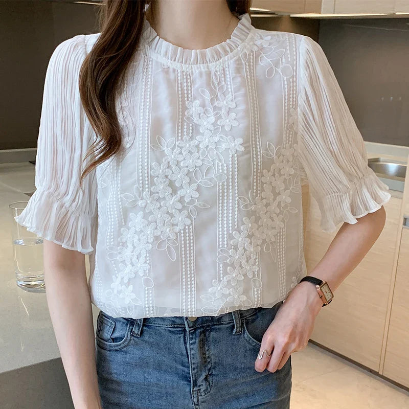 Women Blouse Short Sleeve Embroidery Lace Chiffon Blouse Shirt Blouse Women-Dollar Bargains Online Shopping Australia