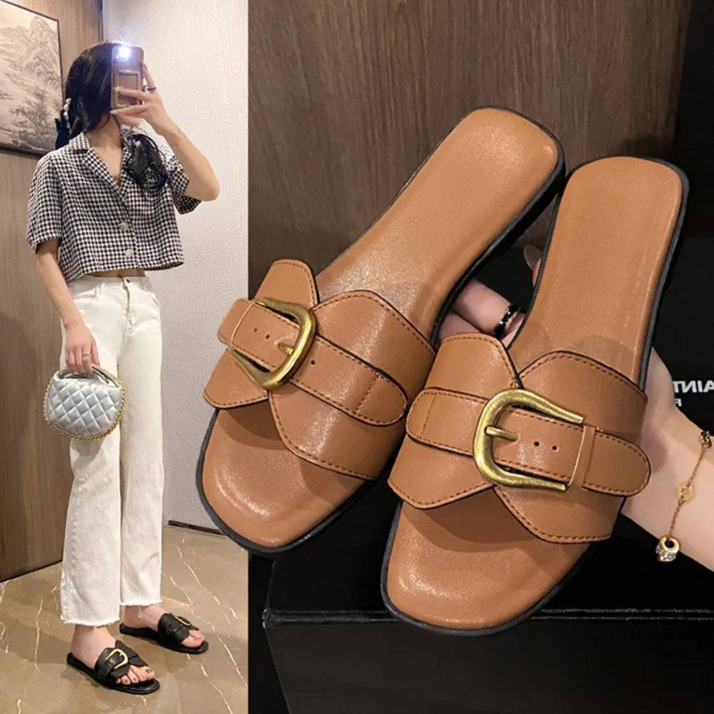 Summer Women Slippers Leather Square Toe Women Flats Flip Flops Designer Ladies Slides Sandals Women Shoes Luxury Sandals-Dollar Bargains Online Shopping Australia