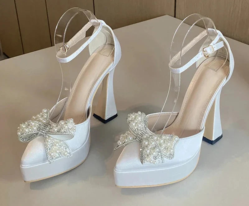 Pearl Butterfly-Knot Women High Heels Sandals Sexy Thick Bottom Pointed Toe Platform Pumps Wedding Banquet Shoes-Dollar Bargains Online Shopping Australia