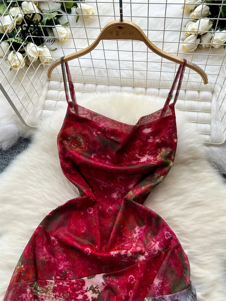 Women Spaghetti Strap Dress Mesh Sleeveless Lace up Design Irregular Retro Fashion Sexy Gentle Party Long Sundress-Dollar Bargains Online Shopping Australia