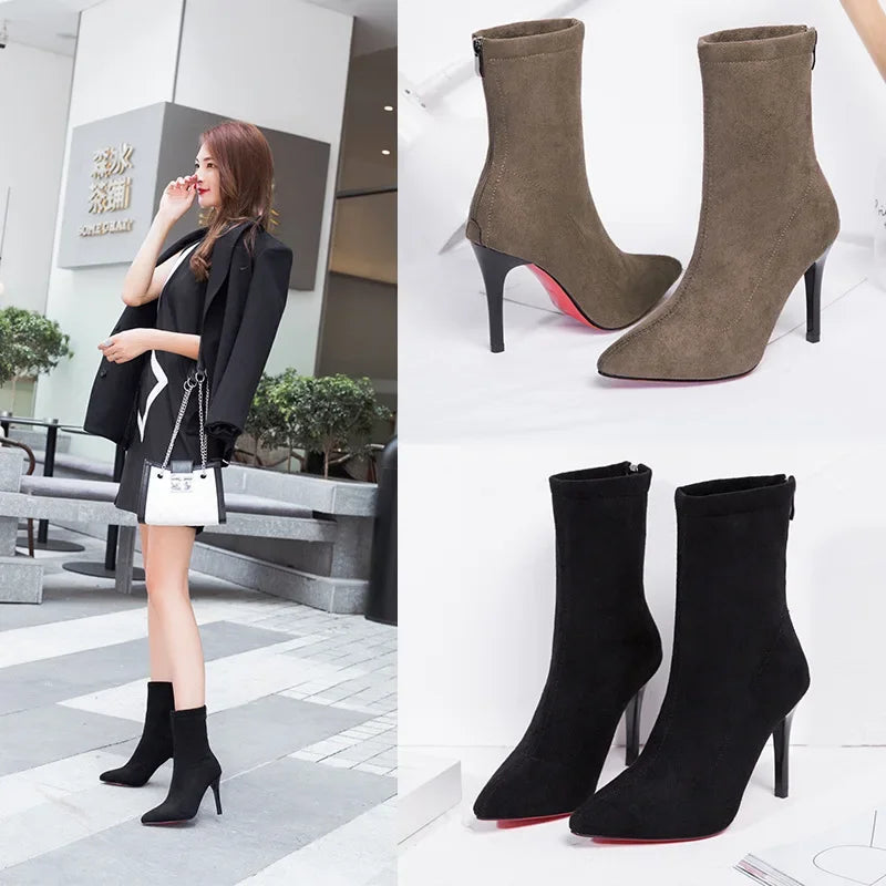 High Heels Boots Winter Thin Short Elastic Boot Luxury Stiletto Pointed Tight Boots