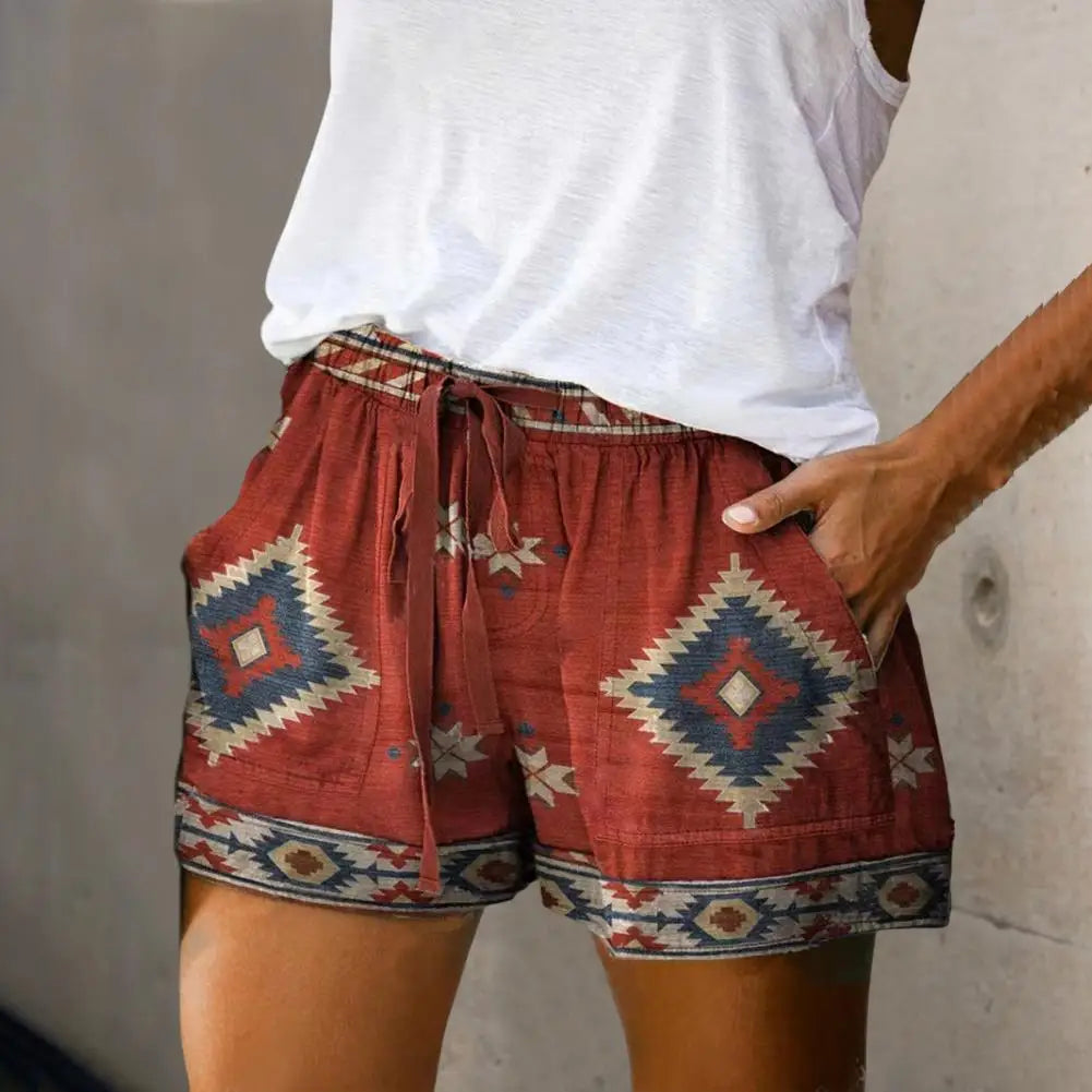 Beach Shorts Summer High Waist Elastic Waistband Short Pants Pockets Women Shorts Retro Print Drawstring Loose Shorts Streetwear-Dollar Bargains Online Shopping Australia