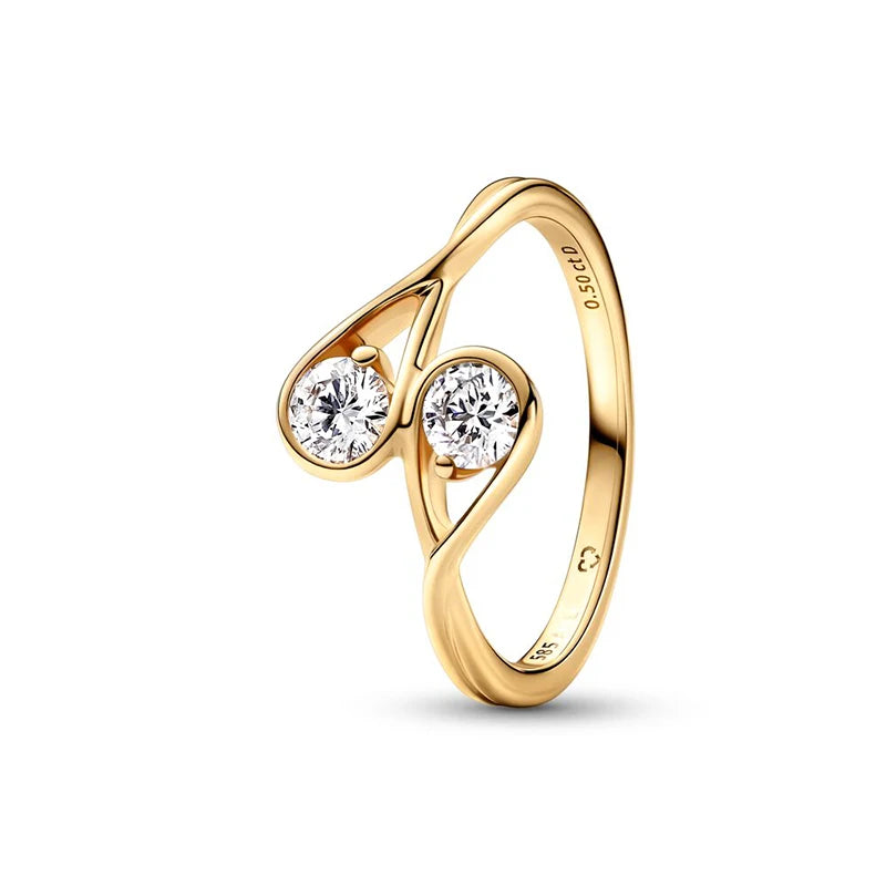 Gold Plated Silver Ring Zircon Sparkling Double Band Heart Finger Ring Women Ring Fine Jewelry