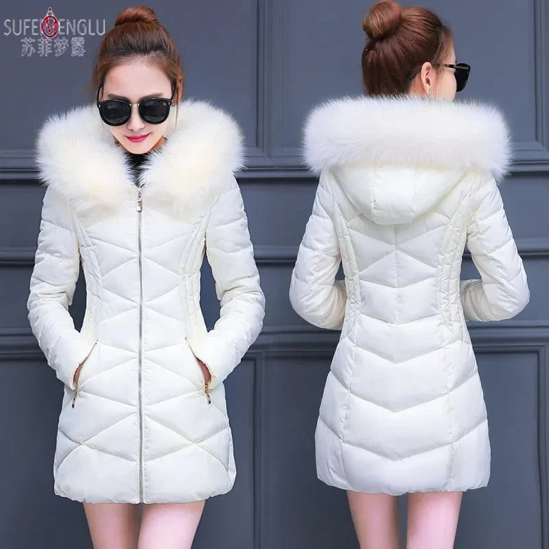 Winter Parkas Women Cotton-Padded Jacket Women's Fur Collar Cotton Liner Jacket Slim Long Thick Coat Hooded Female