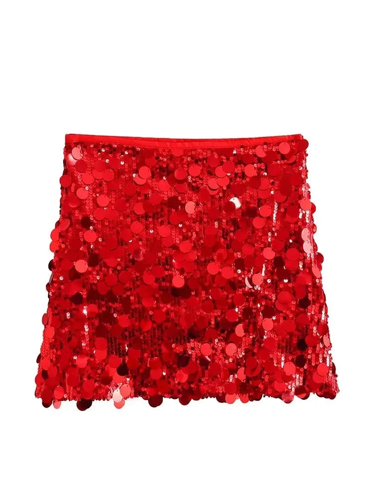 Women Sequins Skirt High Waist Sexy Party Mini Skirt Side Zipper Elegant Female Y2k Chic Rose Red Skirts