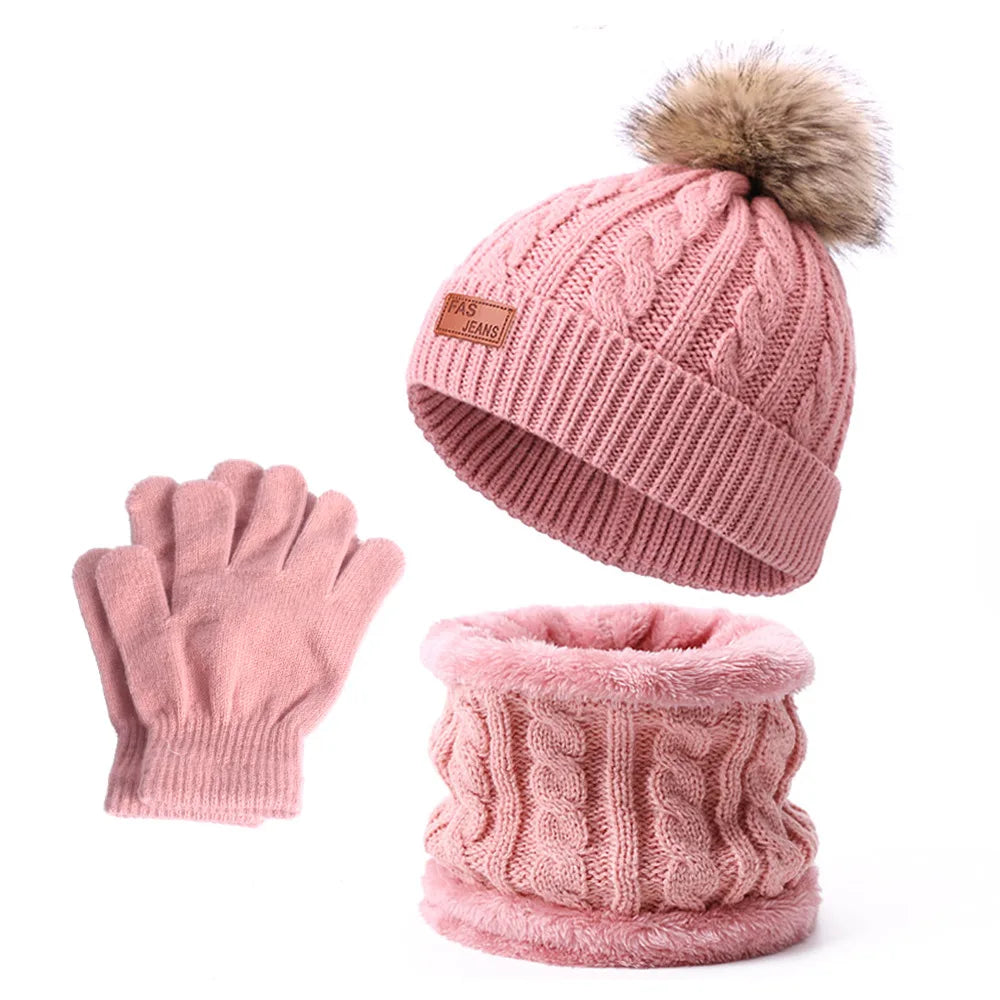 Warm Winter Baby Hats with Scarves for Kids Wool Pompom Baby Hat Children Bonnet Cap Boys Girls Knitted Scarf Gloves Beanie Caps-Dollar Bargains Online Shopping Australia