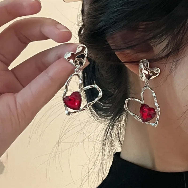 Red Crystal Stone Dangle Earrings Simple Vintage Gothic Pearl Heart Pendant Earring Ear Drop