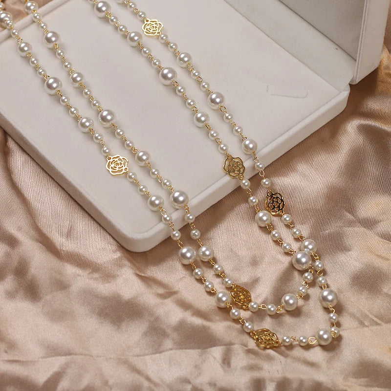 Vintage Lady Camellia Pearls Flower Long Necklace Chain Elegant Double Layers Fashion Women Party