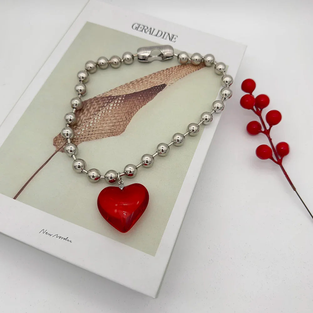 Grunge Fashion Glass Heart Pendant Necklace Y2K Oversize Ball Beads Chain Statement Choker Necklace for Women Club Punk Jewelry-Dollar Bargains Online Shopping Australia